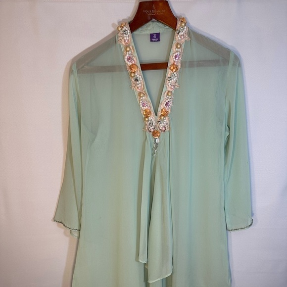Queenora Womens Blouse Kaftan Lime Green Embedded Beads Ribbon Tunic Tunic Sz L - Picture 11 of 16